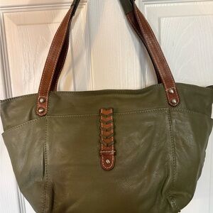 Nino BOSSI Olive Green Leather Shoulder Bag with Brown Trim